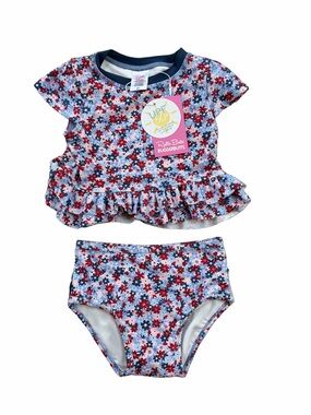 RuffleButts NWT Size 2T Red White & Bloom Cap Sleeve Ruffle Hem Bikini Swimsuit